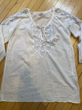J CREW White Tunic Swim Cover up lace detail 100% Cotton Size XL EUC